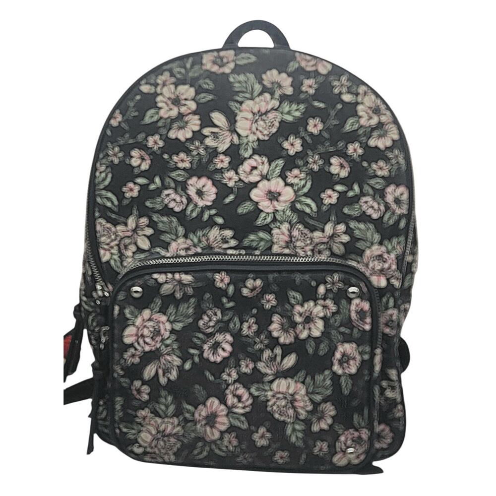Floral Canvas Backpack Black Pink Green Flowers Striped 3 Zipper Compartments